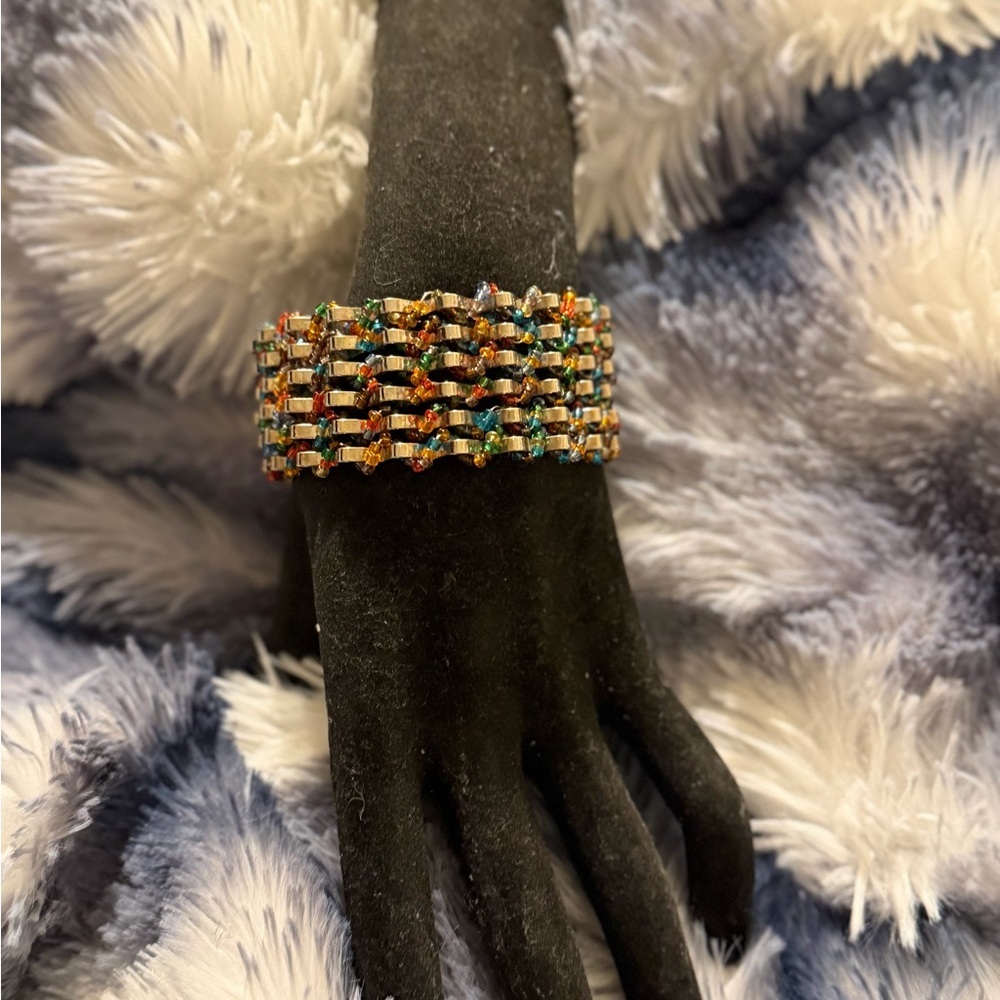 Colorful Beaded Silver Tone Bracelet